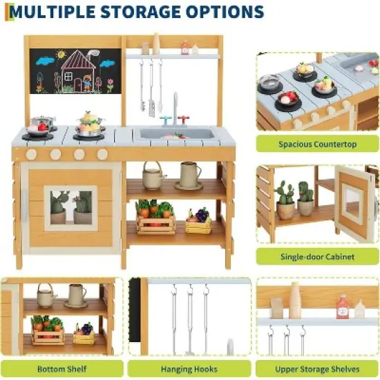 Outdoor Wooden Mud Kitchen w/ Cookware, Removable Sink/Faucet & Chalkboard - Storage Shelves, Stove Toddler Playset Ages 3+ image {4}