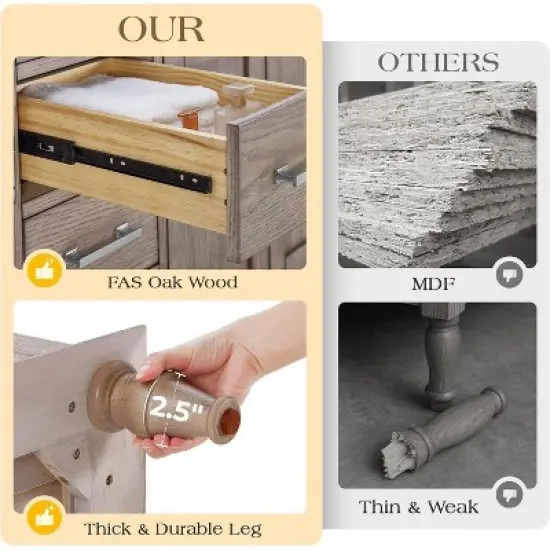 AMERLIFE 60" Bathroom Vanity, Double Sink, Solid Oak Cabinet with Adjustable Storage - Grey image {5}