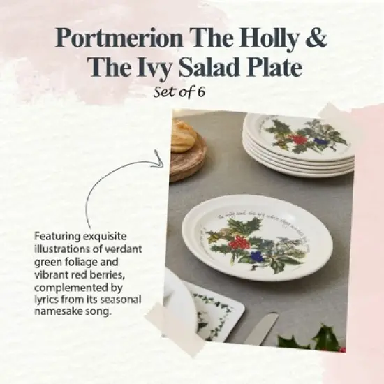 Portmeirion The Holly and The Ivy 8-inch Christmas Salad Plates (Set of 6) - Festive Tableware, Holly Motif, Microwave, Dishwasher, Freezer, Oven Safe image {1}