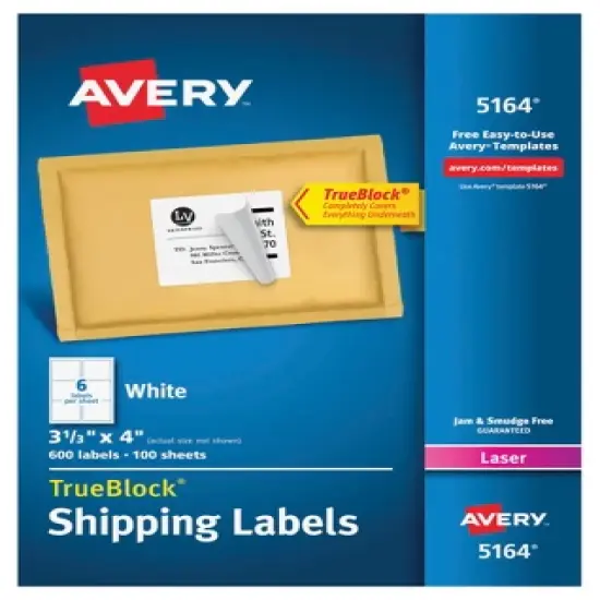 Avery TrueBlock Shipping Labels, Laser, 3-1/3 x 4 Inches, White, Pack of 600 image {1}