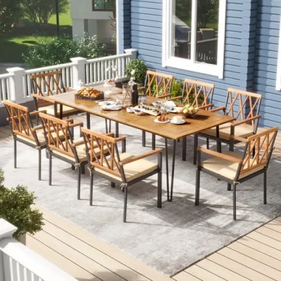 Tangkula 9 PCS Patio Dining Set w/ 8 Chairs Acacia Wood Table Top Umbrella Hole for Yard image {1}