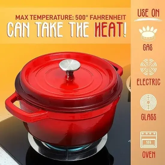 NutriChef 5 Quart Enameled Round Cast Iron Dutch Oven with Self Basting Lid, Red image {3}