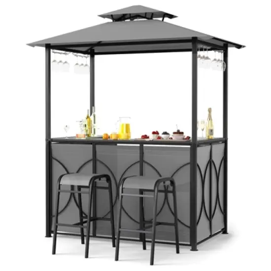 Costway 6.5 x 4 x 8 FT Grill Gazebo Set with 2 Bar Stools, Tempered Glass Bar Table Brown/Gray image {11}