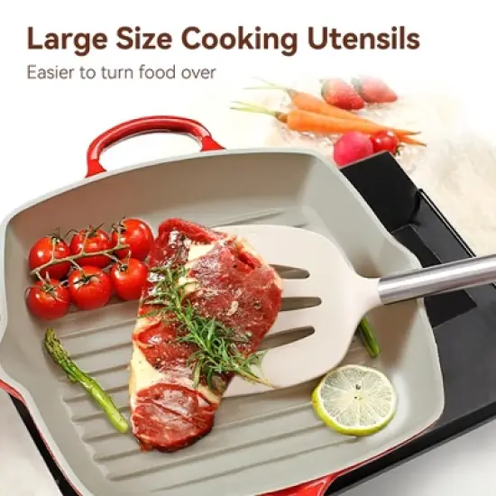 Itopfox Silicone Cooking Utensils Set 35 Pcs Kitchen Utensils with Holder Stainless Steel Handle Spatula, Spoons, Pasta Server, Cheese Grater, Masher image {3}