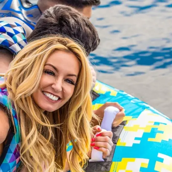 RAVE Sports 02463-RV Mambo 3 Rider Nylon Inflatable Lake Towable Boat Tube Float with Foam Handles and Neoprene Knuckle Guards, Blue image {2}