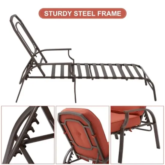 COWLOWN Orange Adjustable Outdoor Chaise Lounge Chair, Patio Recliner with Armrest and Cushion, Ideal for Deck, Poolside, Backyard image {4}