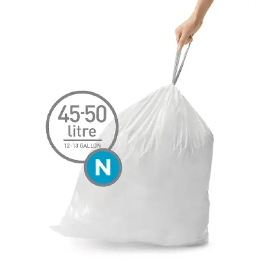 simplehuman 45-50L Code N Custom Fit Trash Bag Liners 3 Quick-Dispense Packs - 60ct: Tall Kitchen, Drawstring, White image {1}