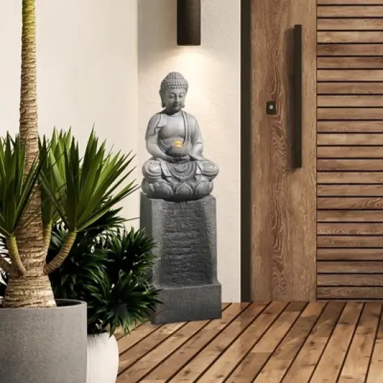 LuxenHome Gray Resin Meditating Buddha on Column Outdoor Fountain with LED Light image {1}