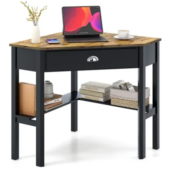 Costway Triangle Computer Desk Corner Office Desk Laptop Table with Drawer Shelves Rustic Brown&Black/White/Black/Coffee/Grey/Natural&White image {9}