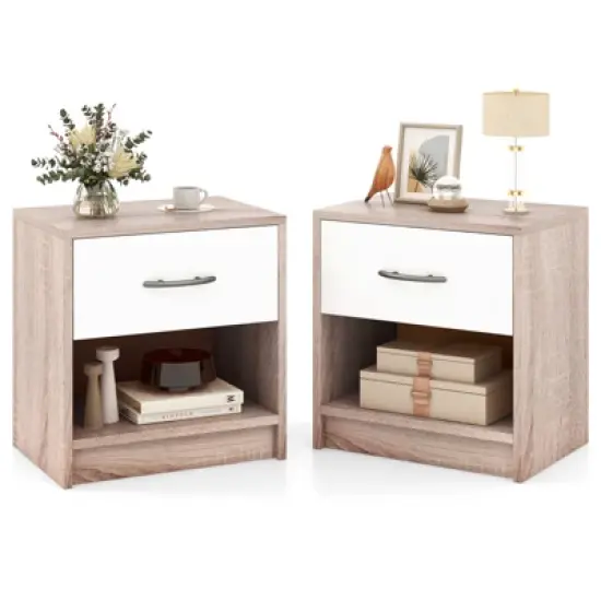 Tangkula 2 PCS Nightstand w/ Drawer Side Table w/ Slide-out Drawer Open Storage Shelf image {13}