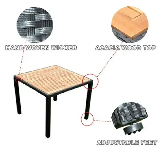 Mshliw 5-Piece Outdoor Patio Wicker Dining Set, Black Wicker with Acacia Wood Top and Creme Cushions for Garden, Courtyard, or Balcony image {7}