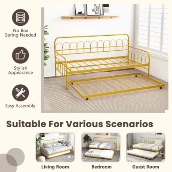 Costway Twin Size Metal Daybed with Trundle Space-Saving Sofa Bed Lockable Wheels Gold image {7}