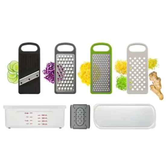 Prepworks Compact Grate and Slice Set: Mandoline & Veggie Slicer, 4 Blades, Dishwasher-Safe, Green/Gray/Black image {4}
