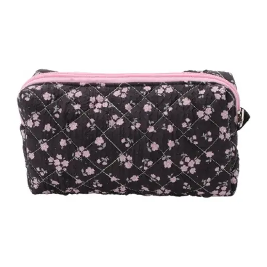 Unique Bargains Pink Flowers Makeup Bag Black 1 Pc image {5}