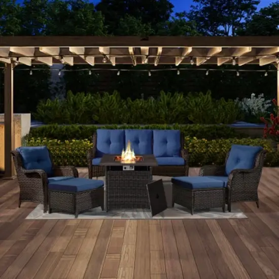 POCASSY 6PCS Patio Furniture Set with Square Fire Pit Table, All Weather Wicker Outdoor Conversation Set with Sofa, Patio Chairs, Firepit and Ottoman image {9}