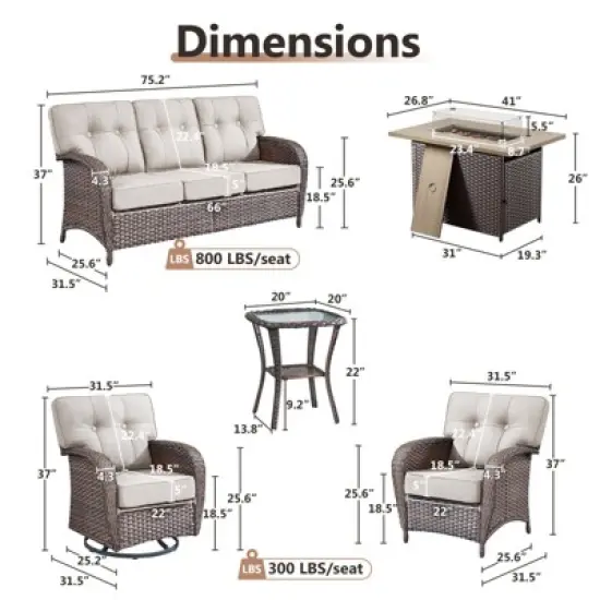 Belord Brown Wicker 7 Piece Patio Furniture Set with 5" Thick Cushions, 41" Propane Fire Pit Table Set with Swivel Glider Chairs and Club Chairs image {15}