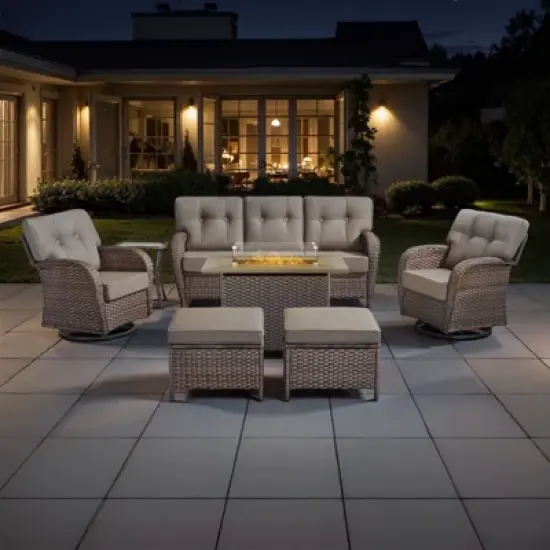 Belord Outdoor Wicker Patio Furniture Set with 41" Propane Fire Pit Table, Swivel Patio Chairs Set with Sofa Couch, Fire Pit Table and Ottoman image {18}