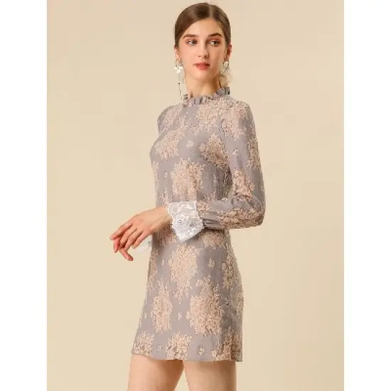 Allegra K Women's Ruffle Crew Neck Formal Elegant Mini Floral Lace Dress image {1}
