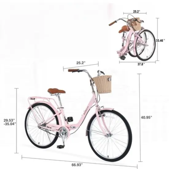 DSVIMOY 26 Inch Folding Lady Bike, Single Speed, Compact Design for Easy Storage and Commuting, Pink, 66.93"*25.2"*40.95" image {2}