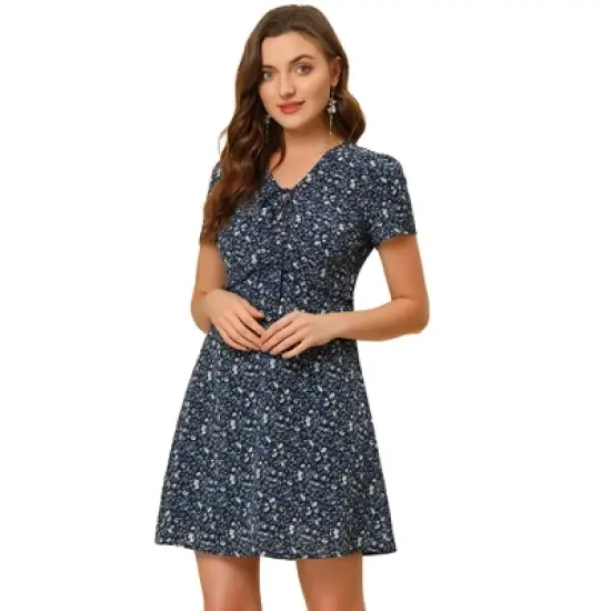 Allegra K Women's Floral Ruffle Trim Tie V Neck Shorts Sleeves Mini Dress image {8}