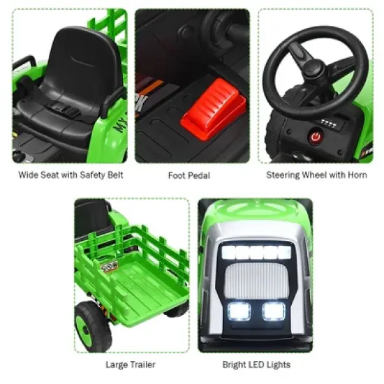 Costway 12V Kids Ride On Tractor with Trailer Ground Loader w/ RC & Lights Red\Pink\Green image {7}