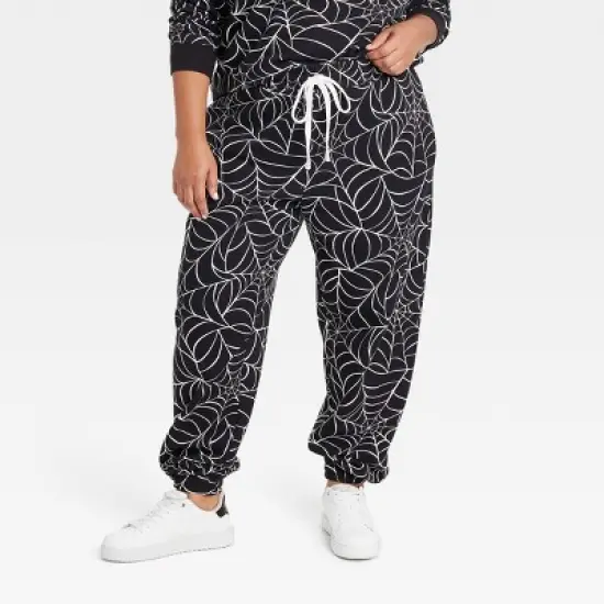 Women's Halloween Spider Web Graphic Jogger Pants - Black image {4}