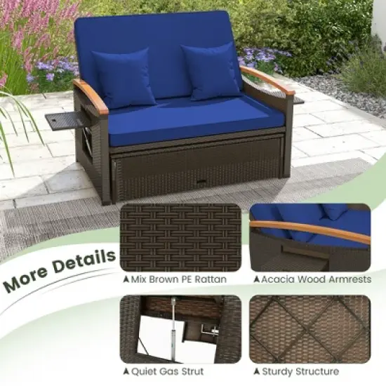 Tangkula Outdoor Wicker Daybed Patio Loveseat & Storage Ottoman Set w/ Navy Cushions image {7}