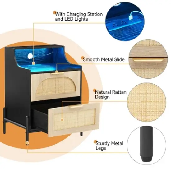 ODK Rattan Nightstand, Modern Bedside Table, End Table Night Stands with 2 Drawers, Sturdy Metal Legs, Modern Storage Night Stand for Bedroom image {3}
