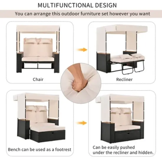 2-Piece Outdoor Patio Rattan Canopy Daybed Sunbed with 5 Positions Adjustable Backrest and Storage Bench image {3}
