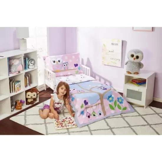 Everyday Kids 4-Piece Toddler Bedding Set - Owls Design - Soft 100% Cotton Percale Comforter, Flat Sheet, Fitted Sheet & Pillowcase image {1}