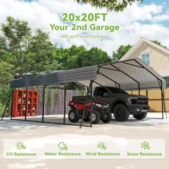 Real Relax Heavy Duty Metal Carport, Outdoor Garage Car Shelter Shade with Heavier Metal Frame, Galvanized Metal Roof for Car and Boats, Grey image {1}