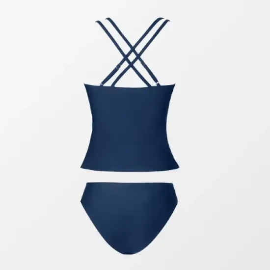 Women's V Neck Ruched Double Crisscross Tankini Set - Cupshe- Blue image {5}