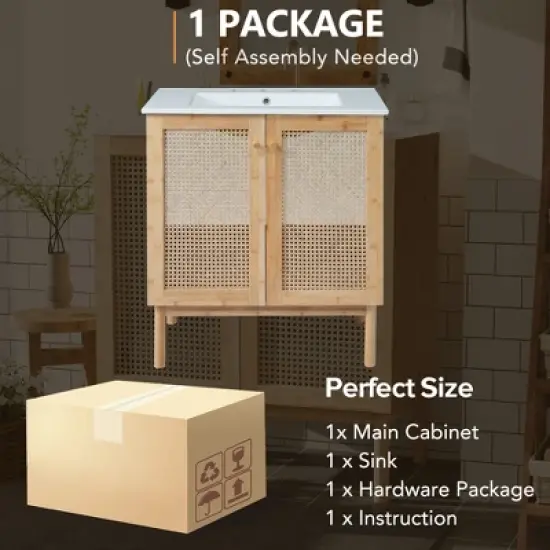 LOVSON 30''bathroom vanity crafted from natural materials, featuring handmade rattan doors and soft-closing mechanisms image {8}