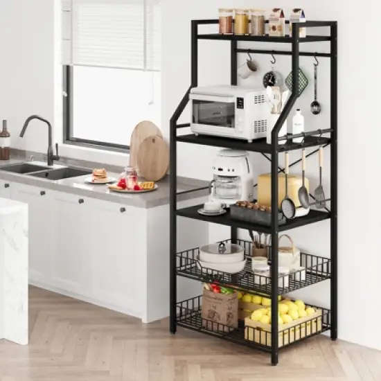 Freestanding Kitchen Bakers Rack, 5 Tier Microwave Stand with Wire Basket & Adjustable Feet, 50.7'' Tall Industrial Coffee Bar Statio image {7}