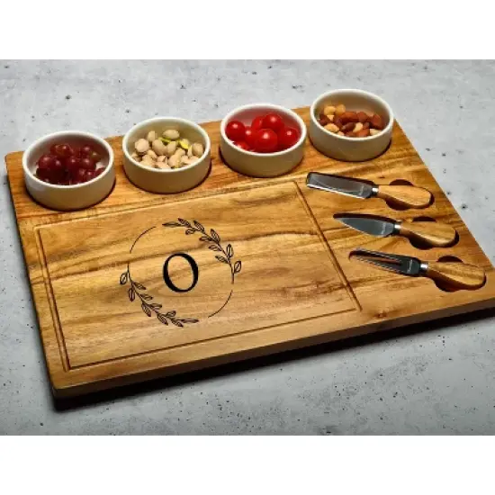 Picnic at Ascot - Large Personalized Monogrammed Premium Acacia Charcuterie Board Set with Ceramic Bowls & Cheese Knives - 17" x 13" image {18}