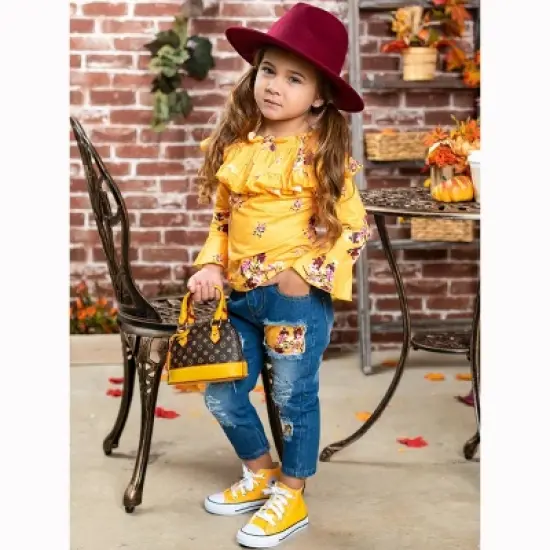Girls Bloom Girl Patched Jeans Set - Mia Belle Girls image {5}