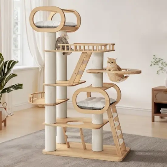 Modern Wooden Cat Tower,Beige,43.3" W &times; 23.62" D &times; 76.38" H image {10}