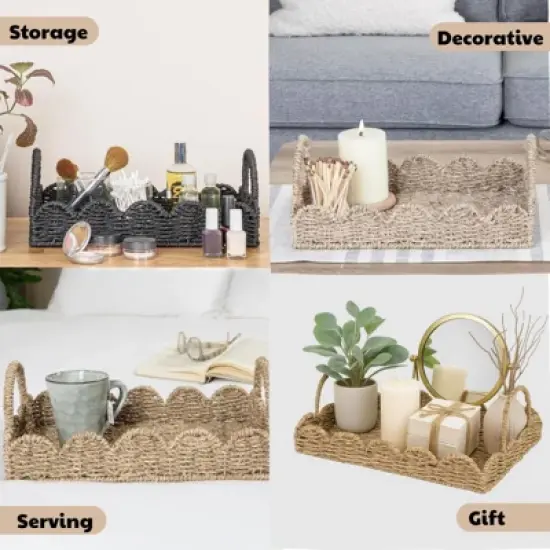 BRINJOY 14" Woven Seagrass Tray with Scalloped Edge - Bohemian Decorative Tray with Handles for Coffee Table Ottoman Festive Decor, Brown image {3}