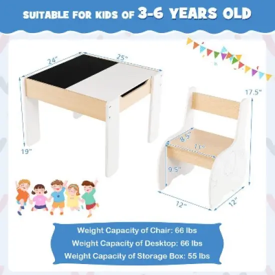 Yinvani 4-in-1 Wooden Activity Kids Table and Chairs with Storage and Detachable Blackboard image {2}