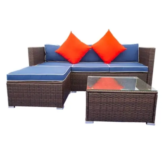 3pc Wicker Patio Sectional Seating Set with Cushions - Brown/Blue - GODEER image {4}