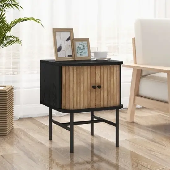 Costway Sliding Door Nightstand Mid-century Modern Storage End Table with Cabinet Black/Distressed White image {1}