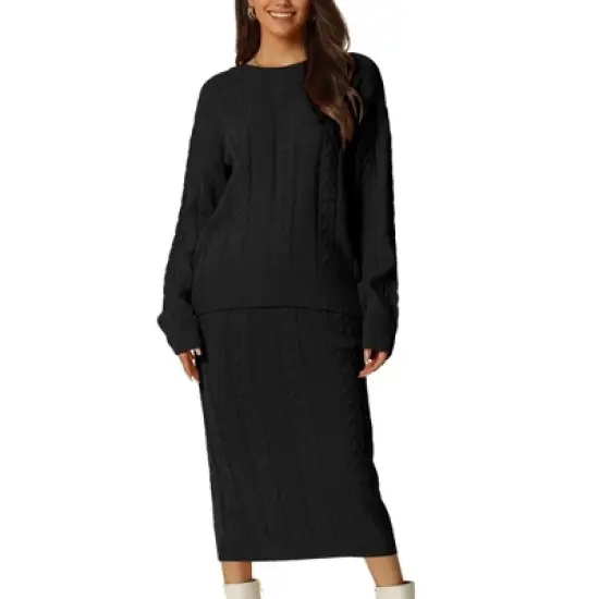 Seta T Womens' Fall Winter Casual Crewneck Sweater Two Pieces Outfit Midi Skirts with Pockets Lounge Set image {12}