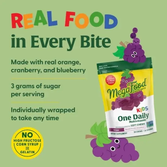 MegaFood Kids Multivitamin with Vitamin C & Vitamin E Soft Chews - Vegetarian - Grape - 30ct image {4}