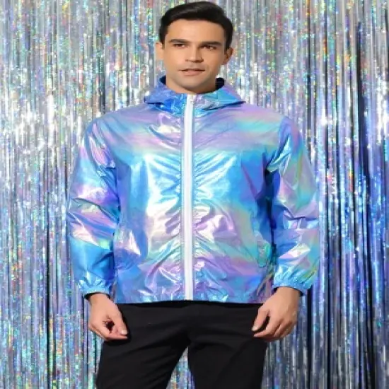 Lars Amadeus Men's Metallic Jacket Lightweight Zip Up Holographic Shiny Hooded Jackets image {1}