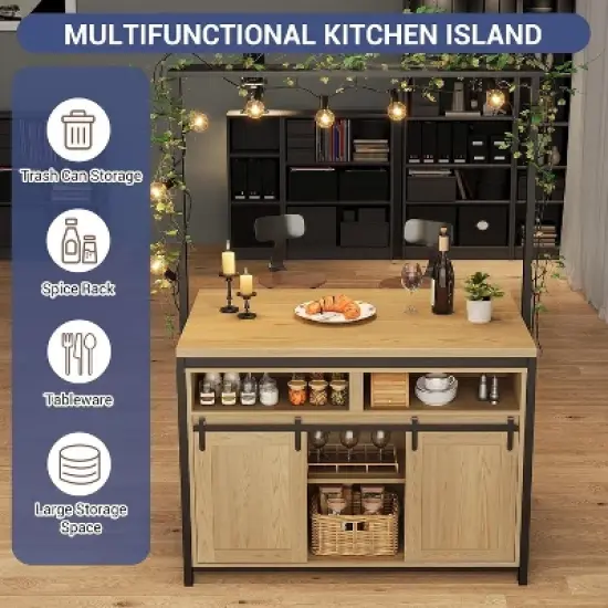 Acekool 42'' Kitchen Island Table with Power Outlets, Sliding Barn Door, Storage Shelves, Hooks, Large Dining Prep Counter, Wood color image {6}