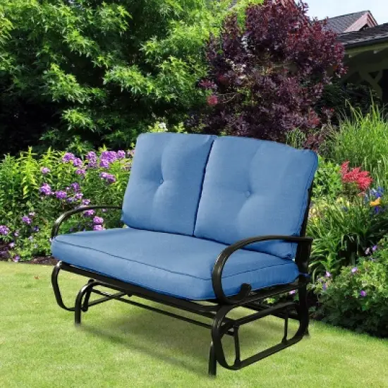 Costway Glider Outdoor Patio Rocking Bench Loveseat Cushioned Seat Steel Frame Blue image {2}