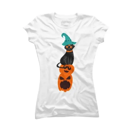 Junior's Design By Humans Halloween Pumpkins and Witch Cat By famenxt T-Shirt image {4}