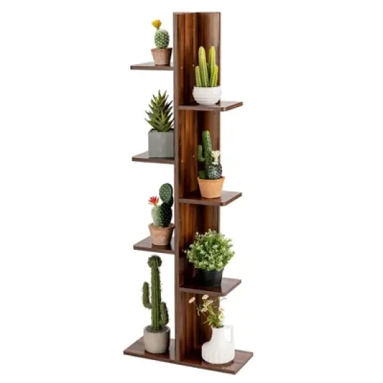 Costway Open Concept Bookcase Plant Display Shelf Rack Holder Wood Walnut\Brown image {12}