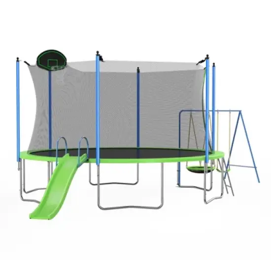 QingMoon 12FT Trampoline With Backboard,Swing,Basketball Hoop,Ladder And Slide For Courtyard Amusement Park, Green Capacity for Kids and Adults image {3}