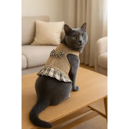 Parisian Pet ' Khaki Plaid' Harness Dress for Dogs & Cats &ndash; Fashionable and Comfortable Plaid Dog Harness Dress, Adjustable Fit image {2}